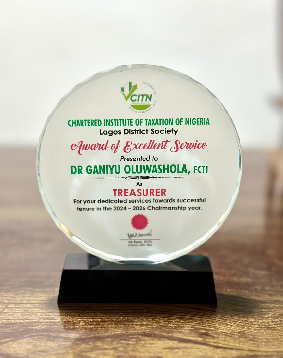 Award of Excellent Service — Treasurer — Chartered Institute of Taxation of Nigeria, Lagos District Society