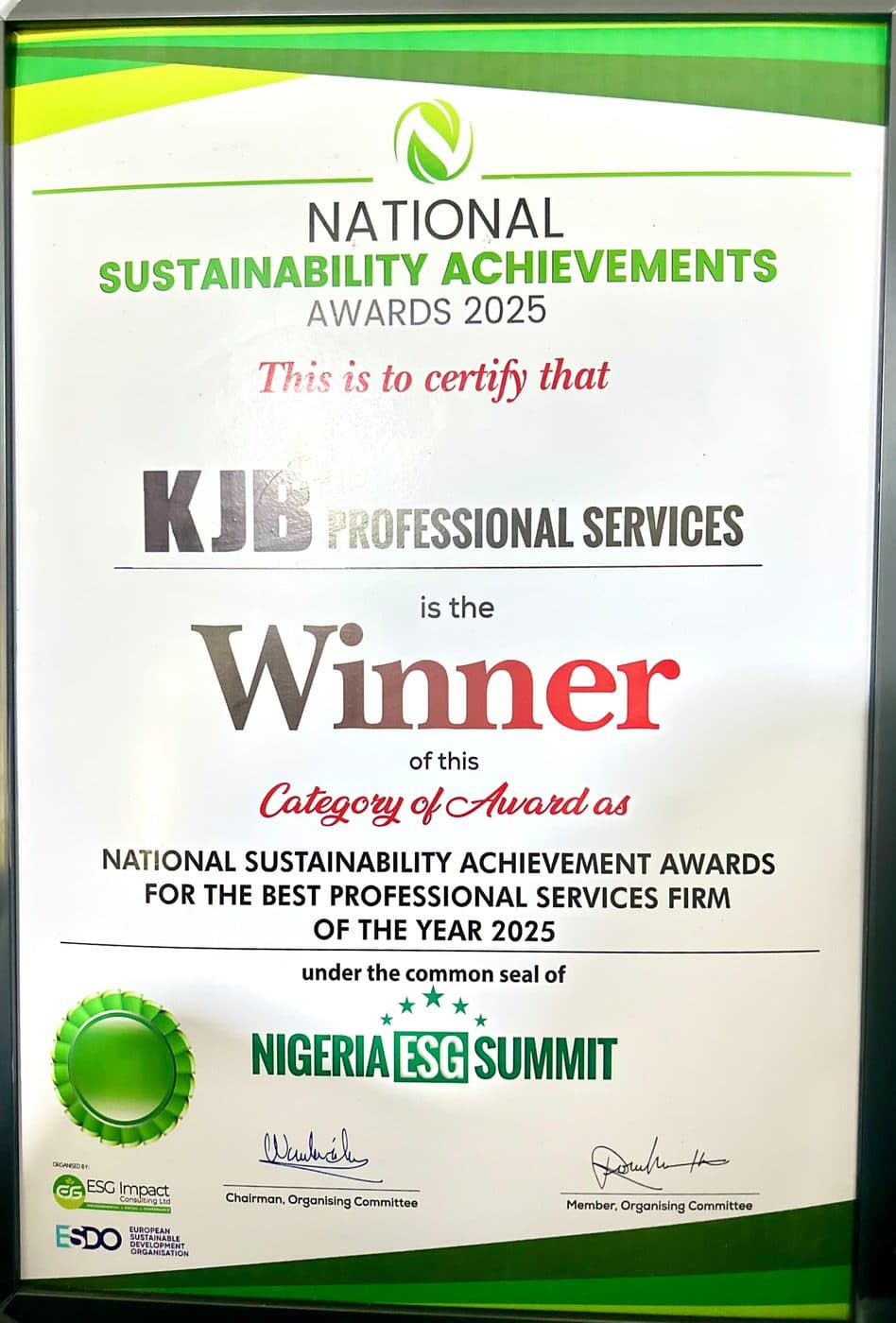 Best Professional Services Firm — Certificate — National Sustainability Achievements Awards · Nigeria ESG Summit