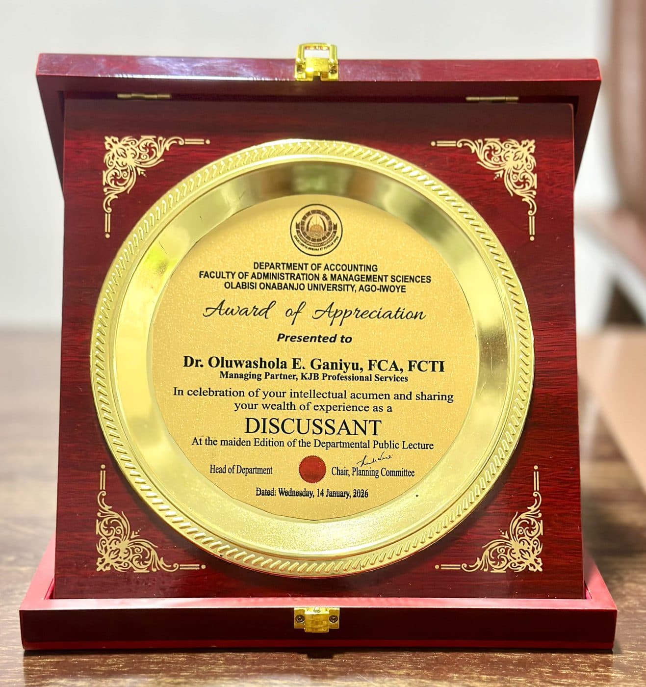 Award of Appreciation — Discussant — Department of Accounting, Olabisi Onabanjo University, Ago-Iwoye