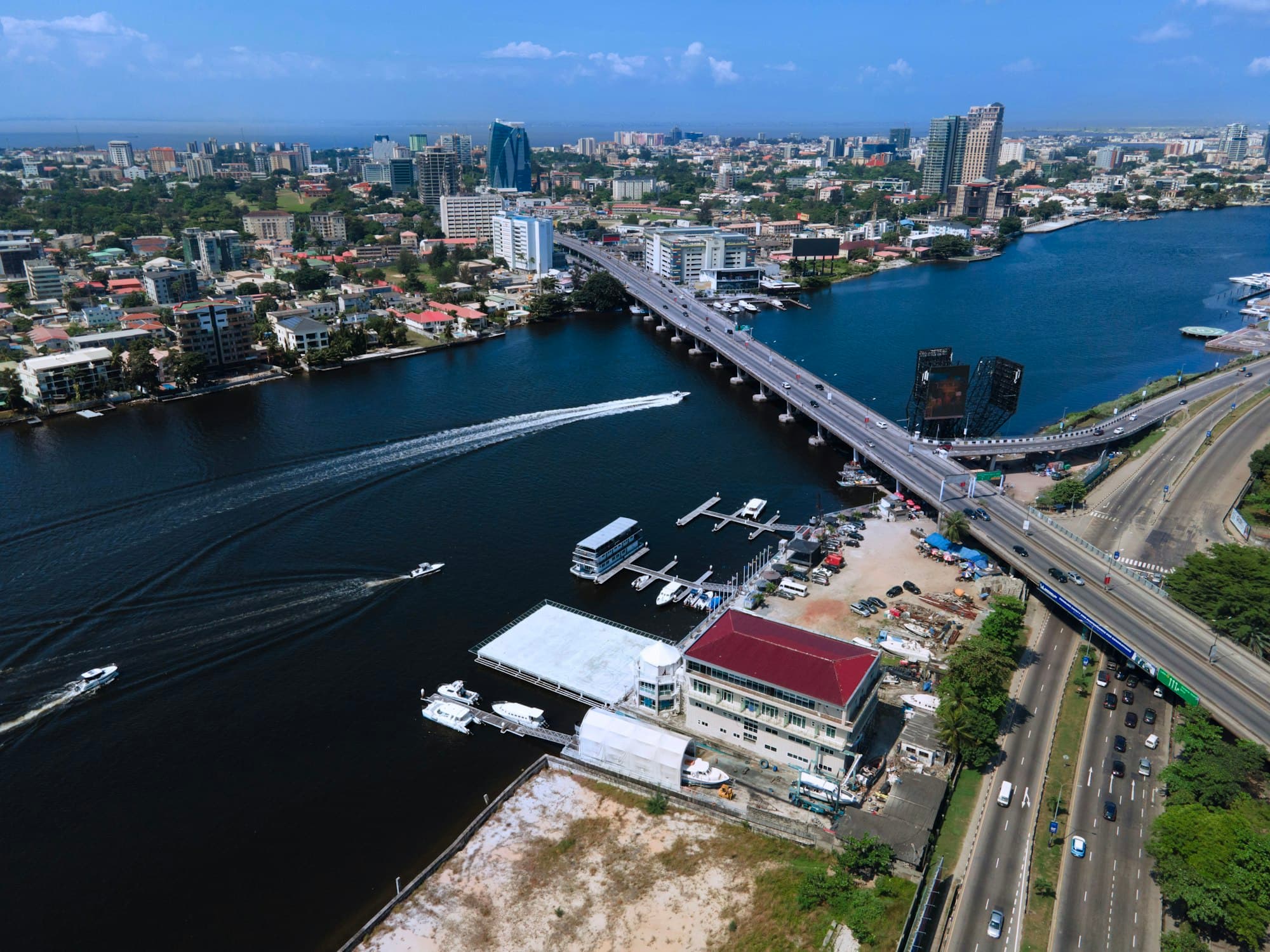 Aerial view of Lagos and the Lekki–Ikoyi link bridge
